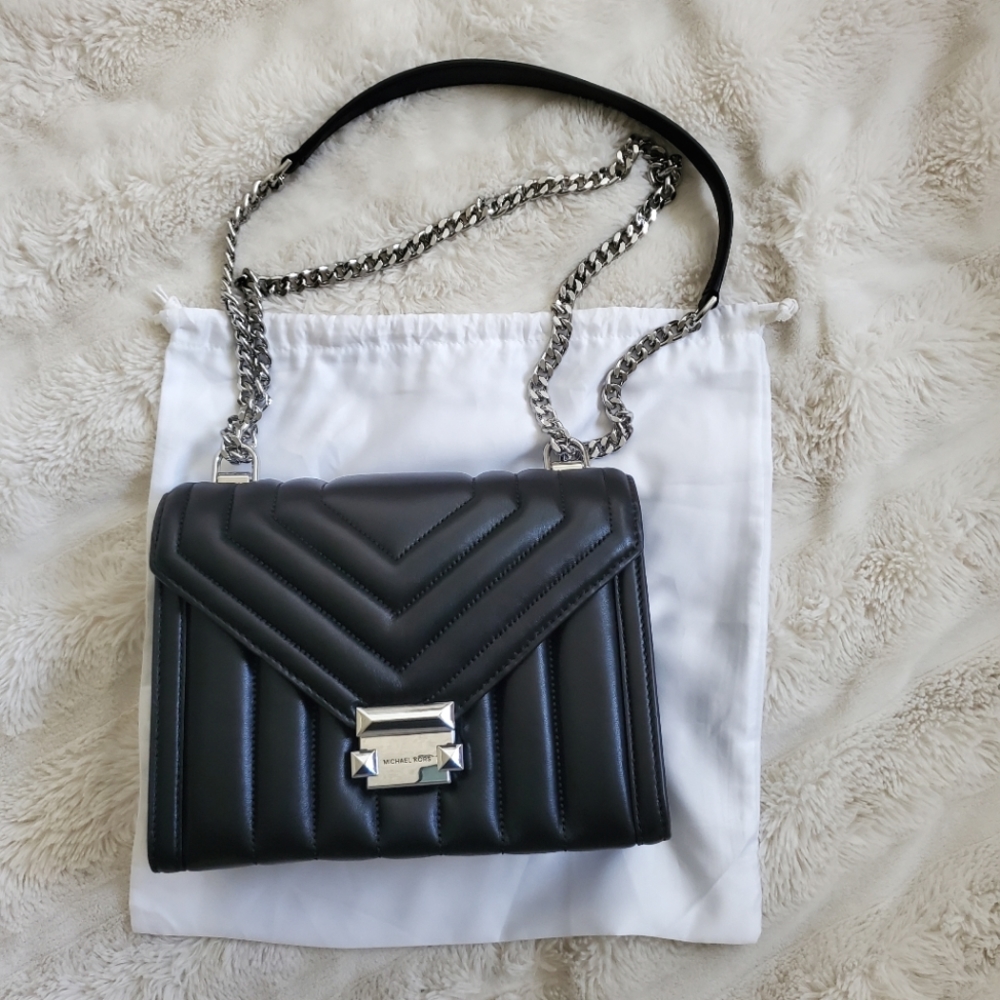 Michael Kors Large Whitney Quilted Leather Shoulder Bag Black/Silver